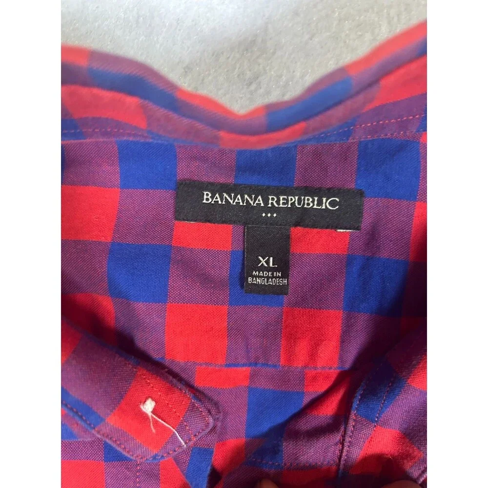 Banana Republic Mens XL Red Blue Check Plaid Short Sleeve Button Front Shirt